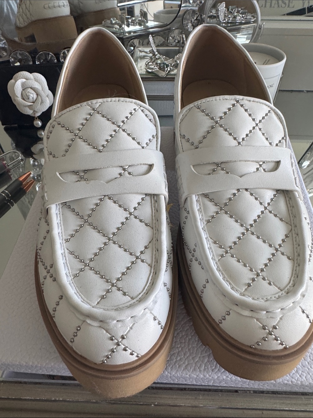 Michael Kors White Quilted Studded Platform Loafers with Tan Sole